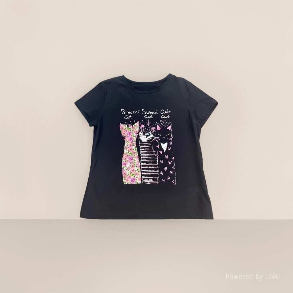 Black cat pattern T-shirt, a fashionable printed casual top for girls Specification image