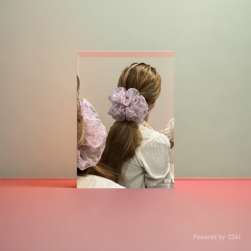 Pink gauze large intestine hair band, hair accessory, square scarf style hair accessory details Picture