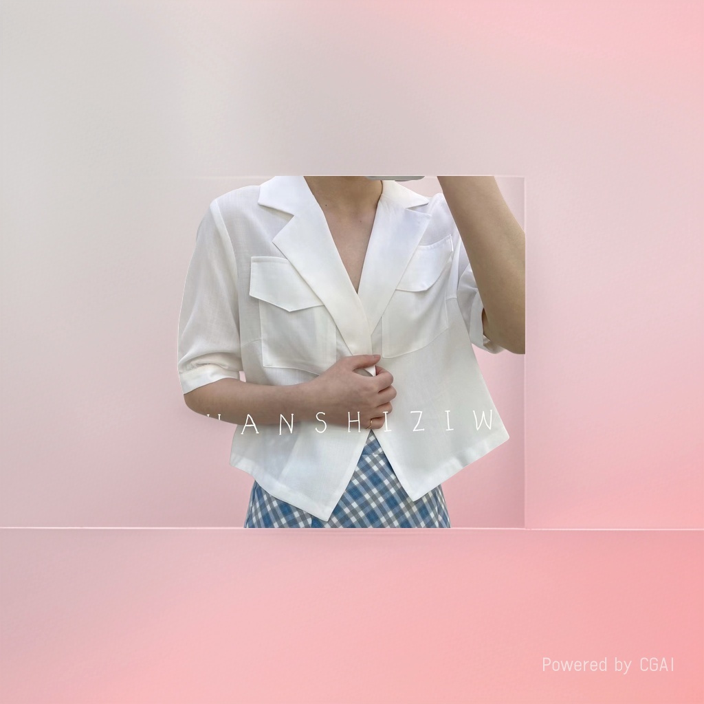 Blazer blanco cuello manga corta blusa mujer verano red infrarroja plastrón corto top Application Scenario