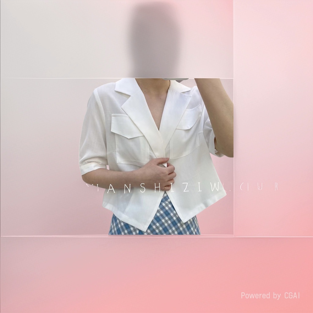 Blazer blanco cuello manga corta blusa mujer verano red infrarroja plastrón corto top Specification image