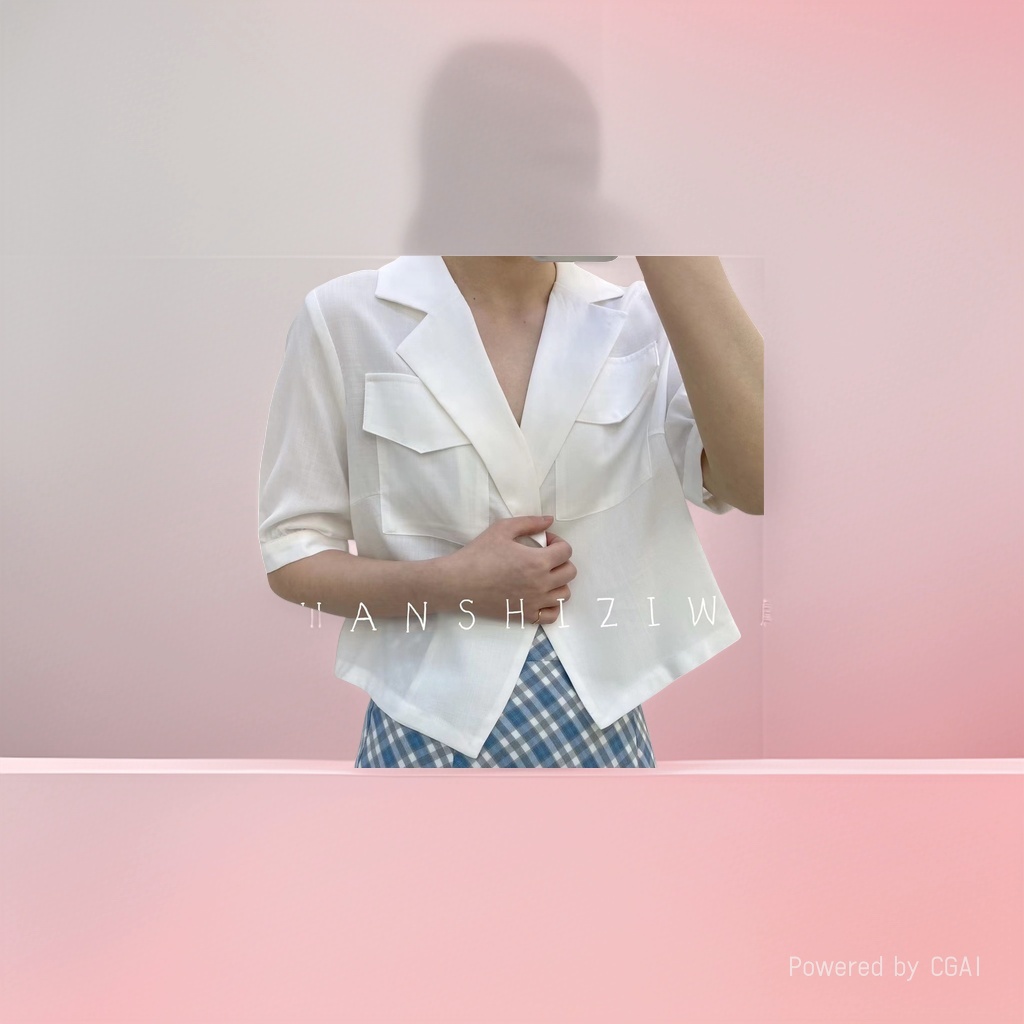 Blazer blanco cuello manga corta blusa mujer verano red infrarroja plastrón corto top Item Picture