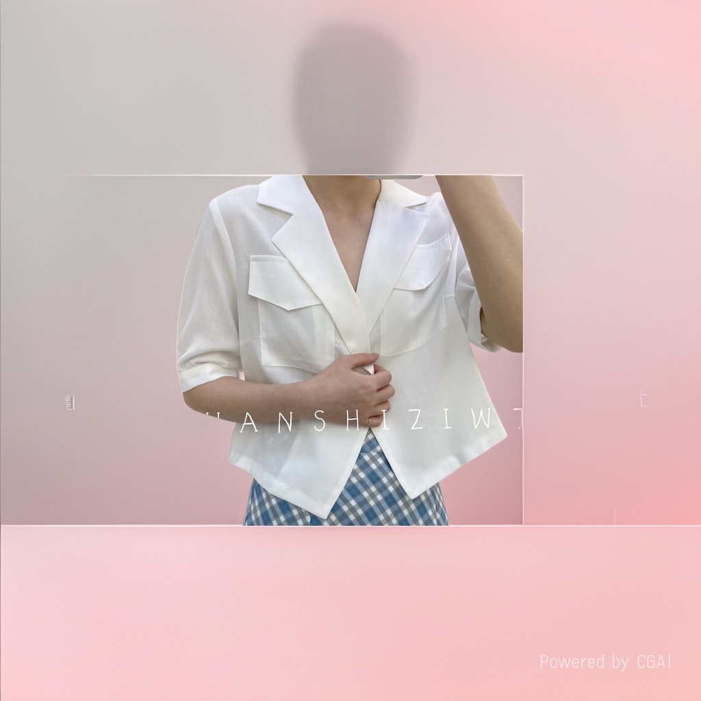 Blazer blanco cuello manga corta blusa mujer verano red infrarroja plastrón corto top details Picture