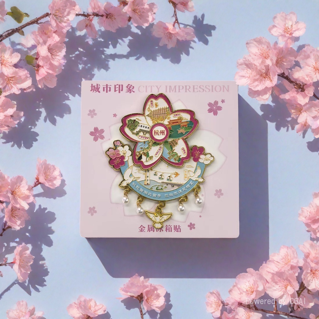 Hangzhou Cherry blossom-themed city impression metal fridge magnet Application Scenario