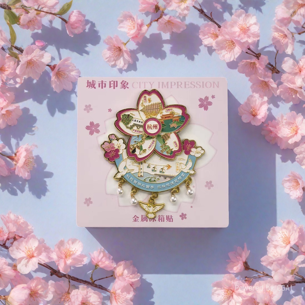Hangzhou Cherry blossom-themed city impression metal fridge magnet
