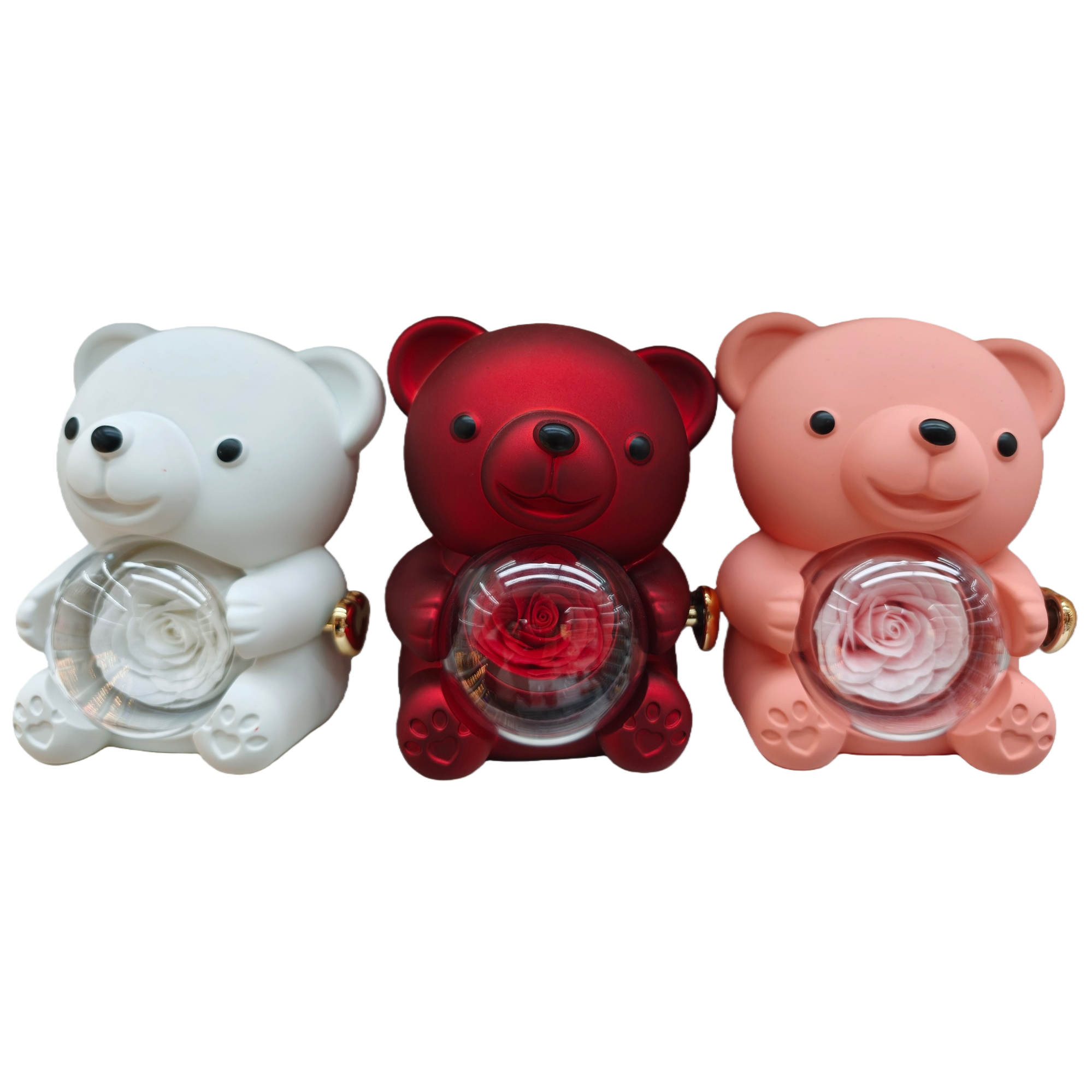 Cute little bear simulation dolls holding rose transparent balls are available in white, red and pink Item Picture