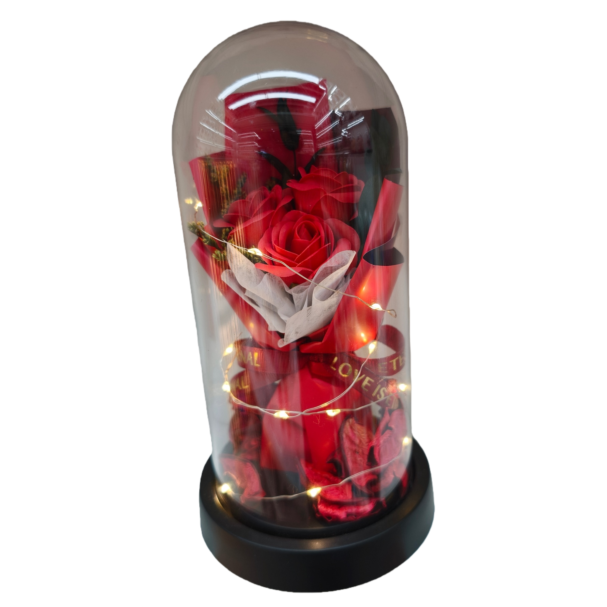 A simulated red rose glass cover with a flowing water ornament Item Picture