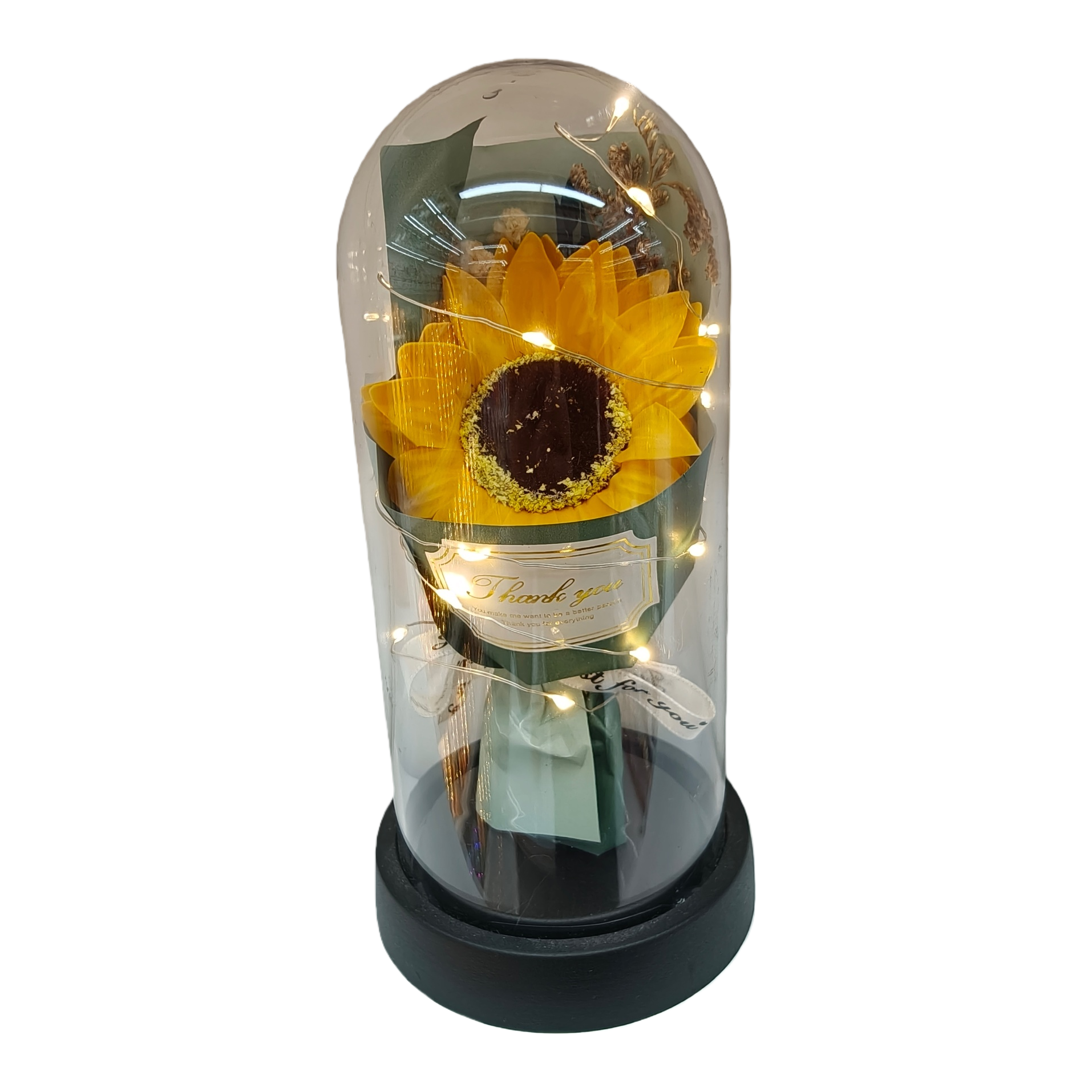 A sunflower bouquet with a transparent glass cover Item Picture