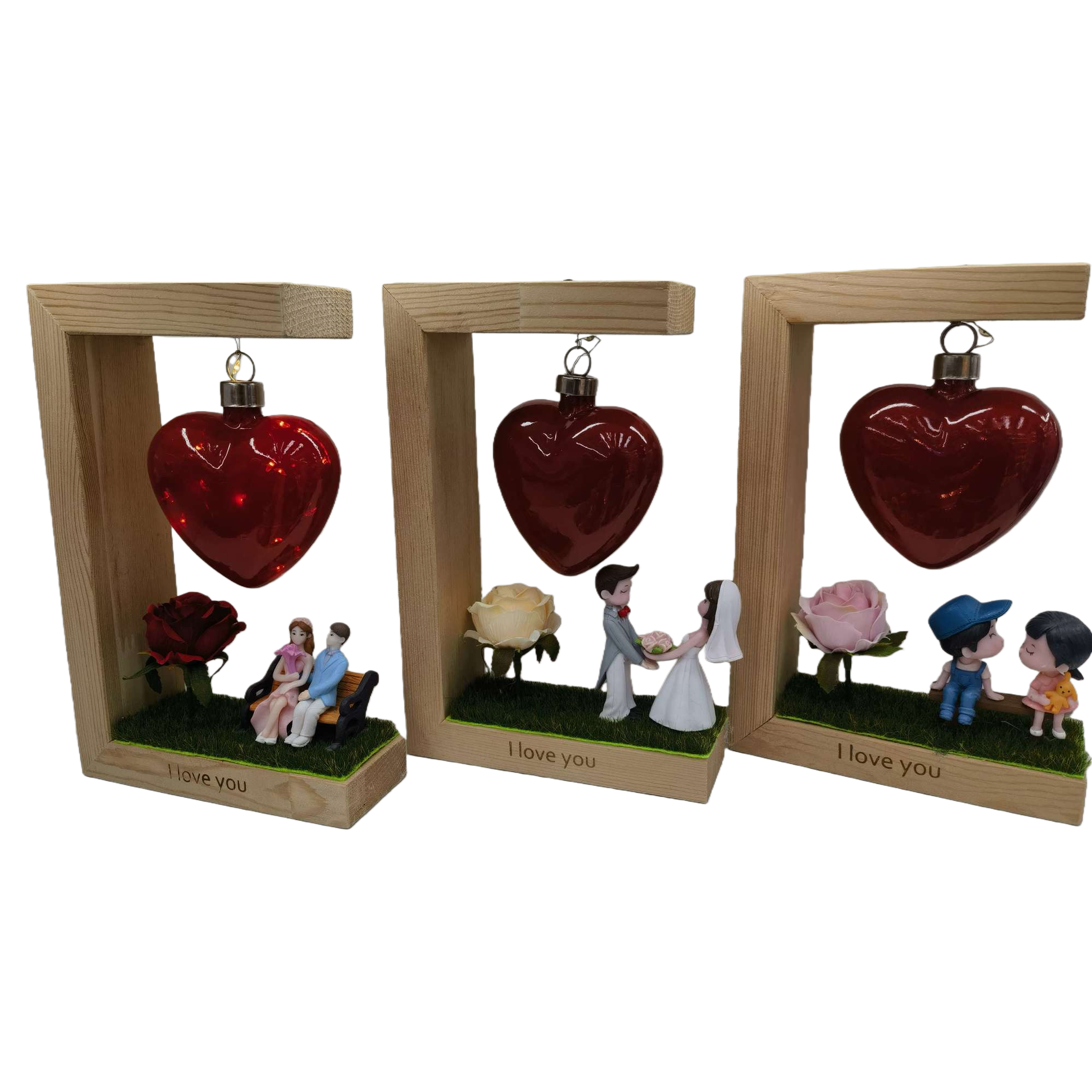 Three wooden photo frame ornaments with red heart-shaped pendants, simulated rose figure statues engraved with "I love you" at the bottom Item Picture