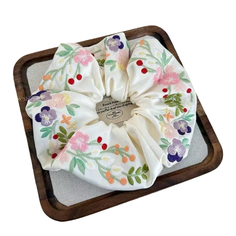 Embroidered flower large intestine hair band, hair accessory, square scarf cover decoration Item Picture