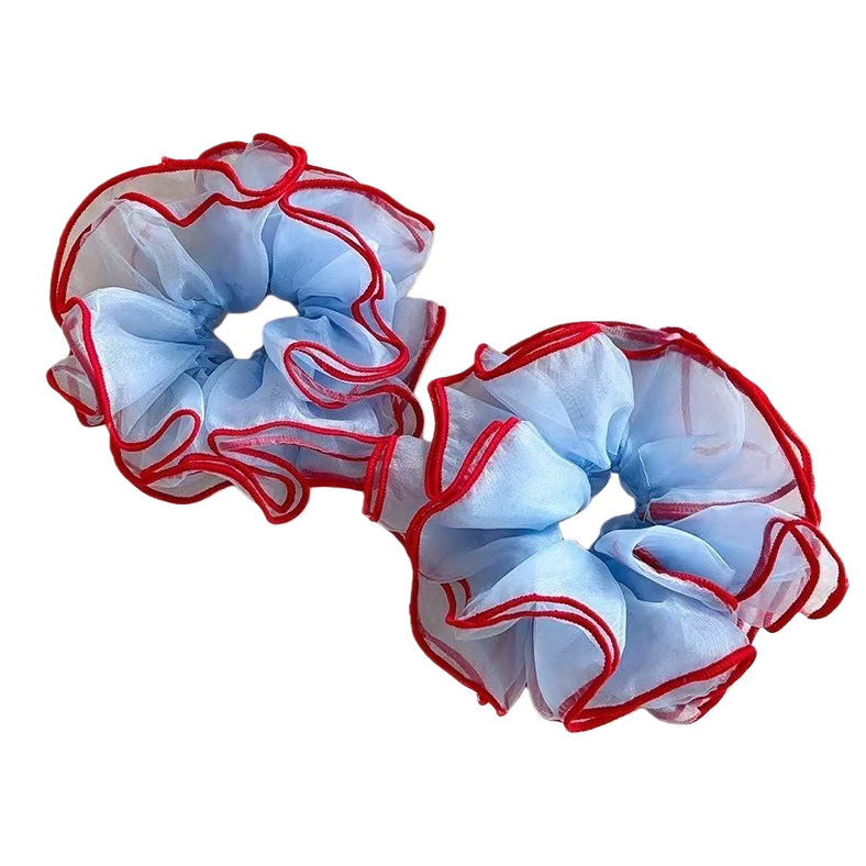 Blue gauze, red border, large intestine hair band, hair accessory, square scarf Item Picture