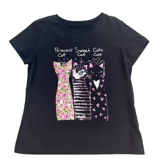 Black cat pattern T-shirt, a fashionable printed casual top for girls Item Picture