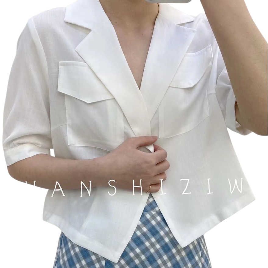 白色西装领短袖衬衫女夏季网红外搭短款上衣