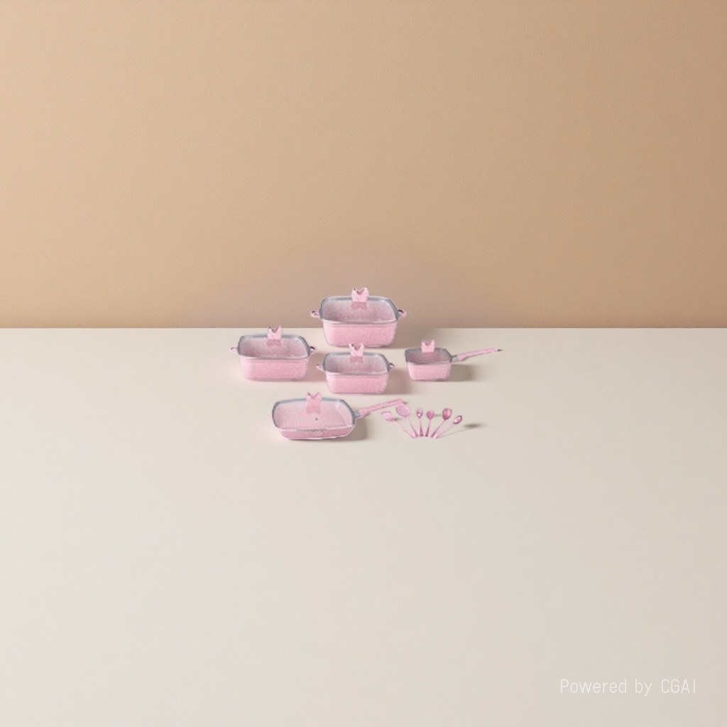 A 7-piece pink aluminum pot set for outdoor tea-making kitchenware