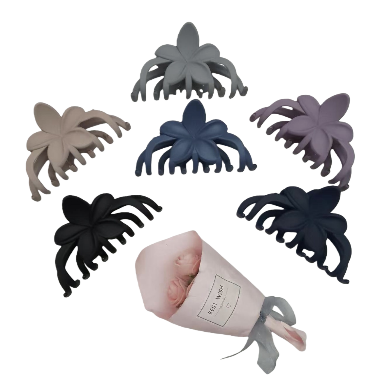 Flower-shaped hair clips, grab clips, shark clips and banana clips are available in multiple styles Item Picture