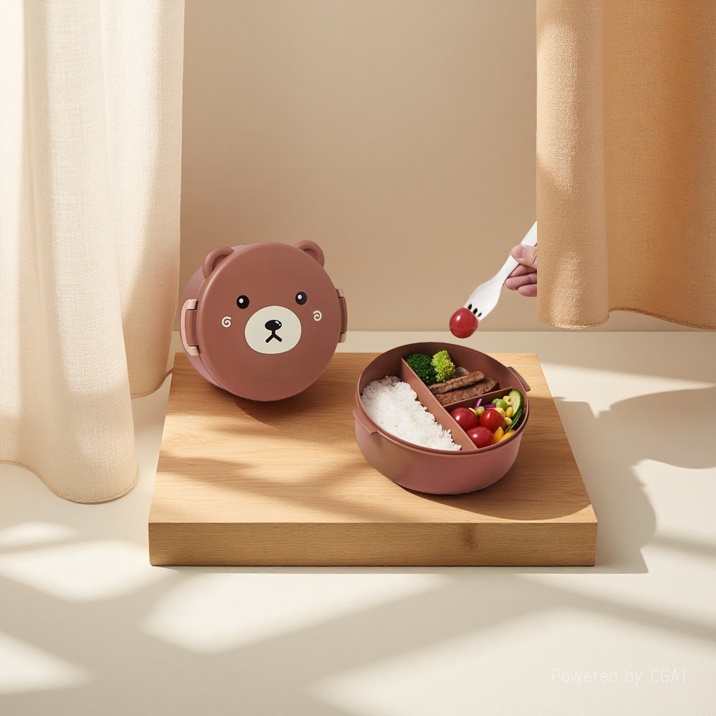 Bear Cartoon portable lunch box set, large capacity bento box, student outdoor cute water bottle, lunch box with tableware Specification image