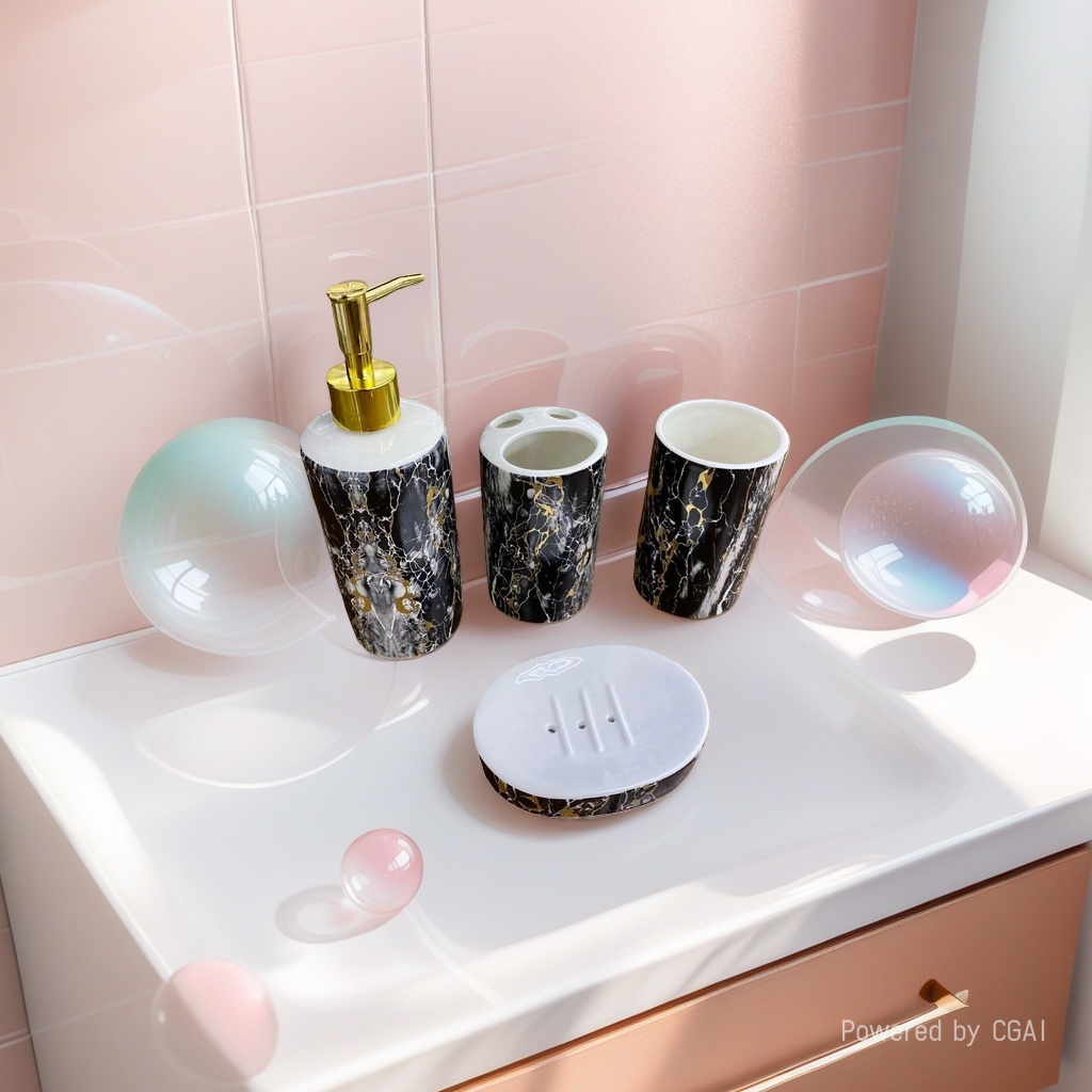 Bathroom mouthwash cup, marble three-piece set, light luxury bathroom, bathroom washbasin set, toothache cup, brushing cup Application Scenario