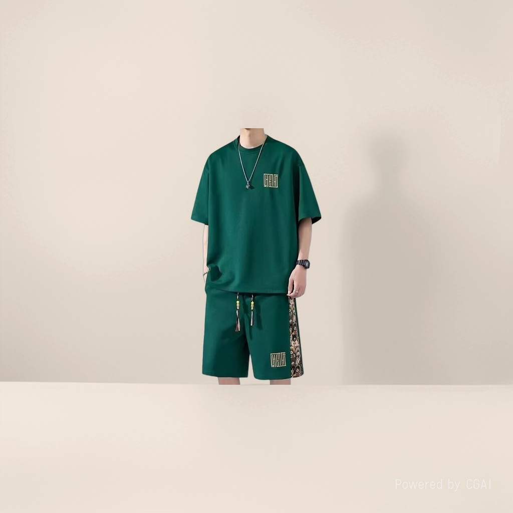 Green casual men's suit, short sleeves and shorts, sportswear