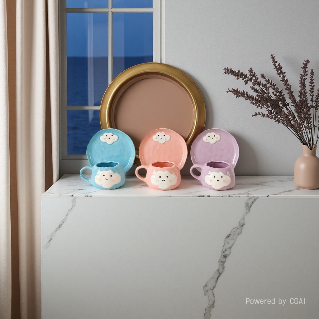The cute cloud-patterned ceramic tableware set includes bowls, chopsticks, cups and plates. The ceramic bowl set comes in three colors and can be freely matched Specification image