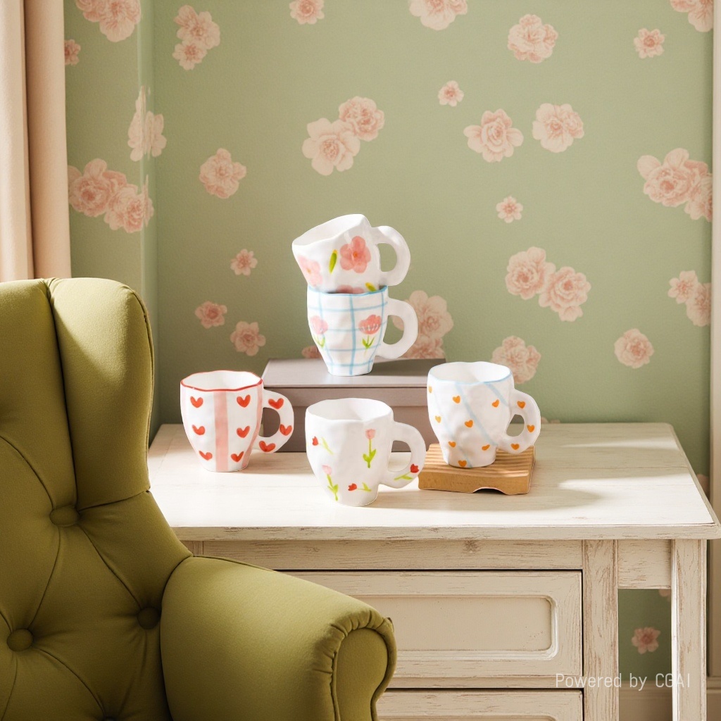 Underglaze hand-painted coffee cups and saucers, hand-molded creative small-capacity small heart-shaped irregular ceramic coffee cups, afternoon tea