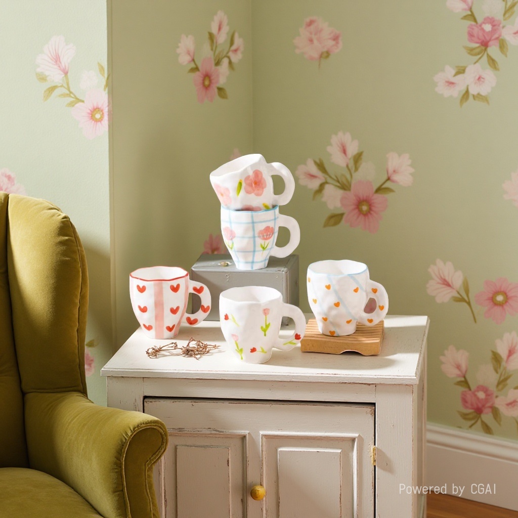 Underglaze hand-painted coffee cups and saucers, hand-molded creative small-capacity small heart-shaped irregular ceramic coffee cups, afternoon tea Application Scenario