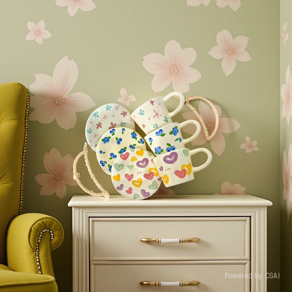 Hand-painted ceramic underglaze breakfast cups and plates with flowers, office afternoon tea and coffee cups and plates as souvenirs details Picture