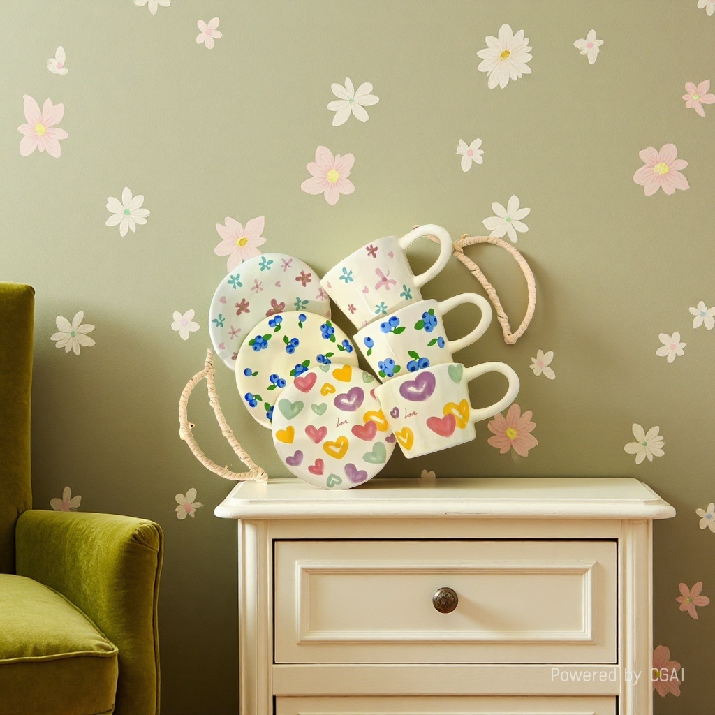 Hand-painted ceramic underglaze breakfast cups and plates with flowers, office afternoon tea and coffee cups and plates as souvenirs Specification image