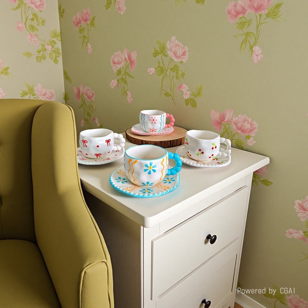 Handcrafted ins-style ceramic mugs, breakfast cup and plate sets, underglaze color girls' afternoon tea, high appearance level coffee cups Specification image