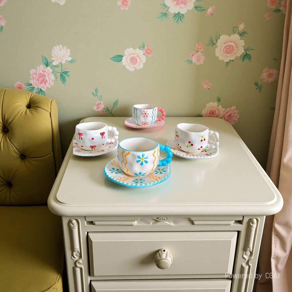 Handcrafted ins-style ceramic mugs, breakfast cup and plate sets, underglaze color girls' afternoon tea, high appearance level coffee cups