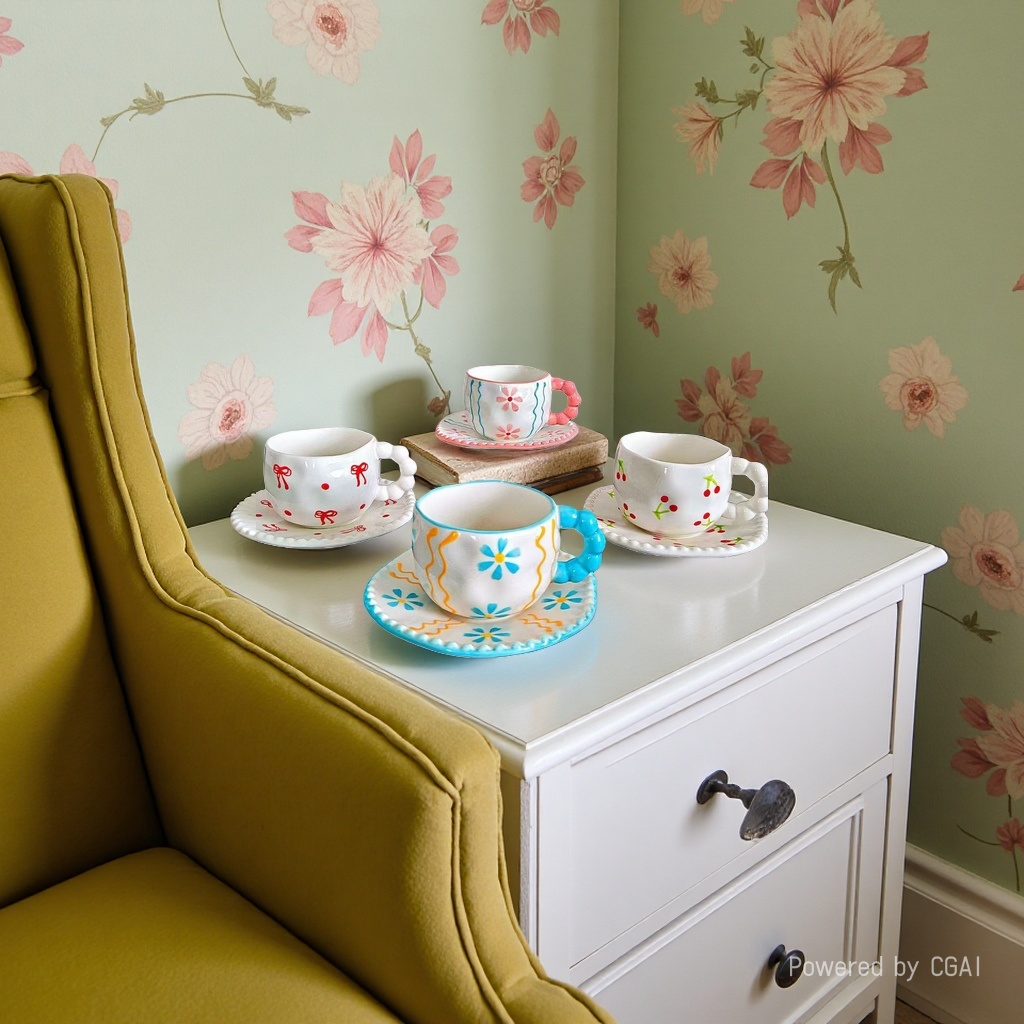 Handcrafted ins-style ceramic mugs, breakfast cup and plate sets, underglaze color girls' afternoon tea, high appearance level coffee cups Application Scenario