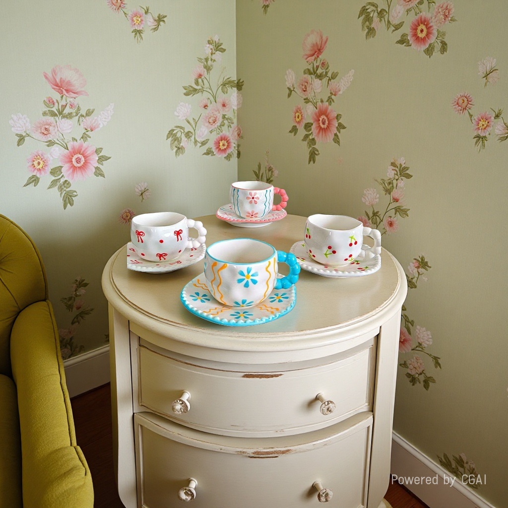Handcrafted ins-style ceramic mugs, breakfast cup and plate sets, underglaze color girls' afternoon tea, high appearance level coffee cups details Picture