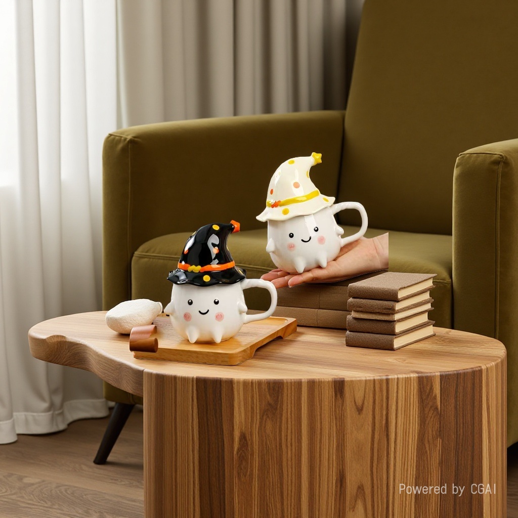 Cute mugs, high appearance level water cups with LIDS, funny ghost ceramic cups for girls, birthday gifts for Halloween Specification image