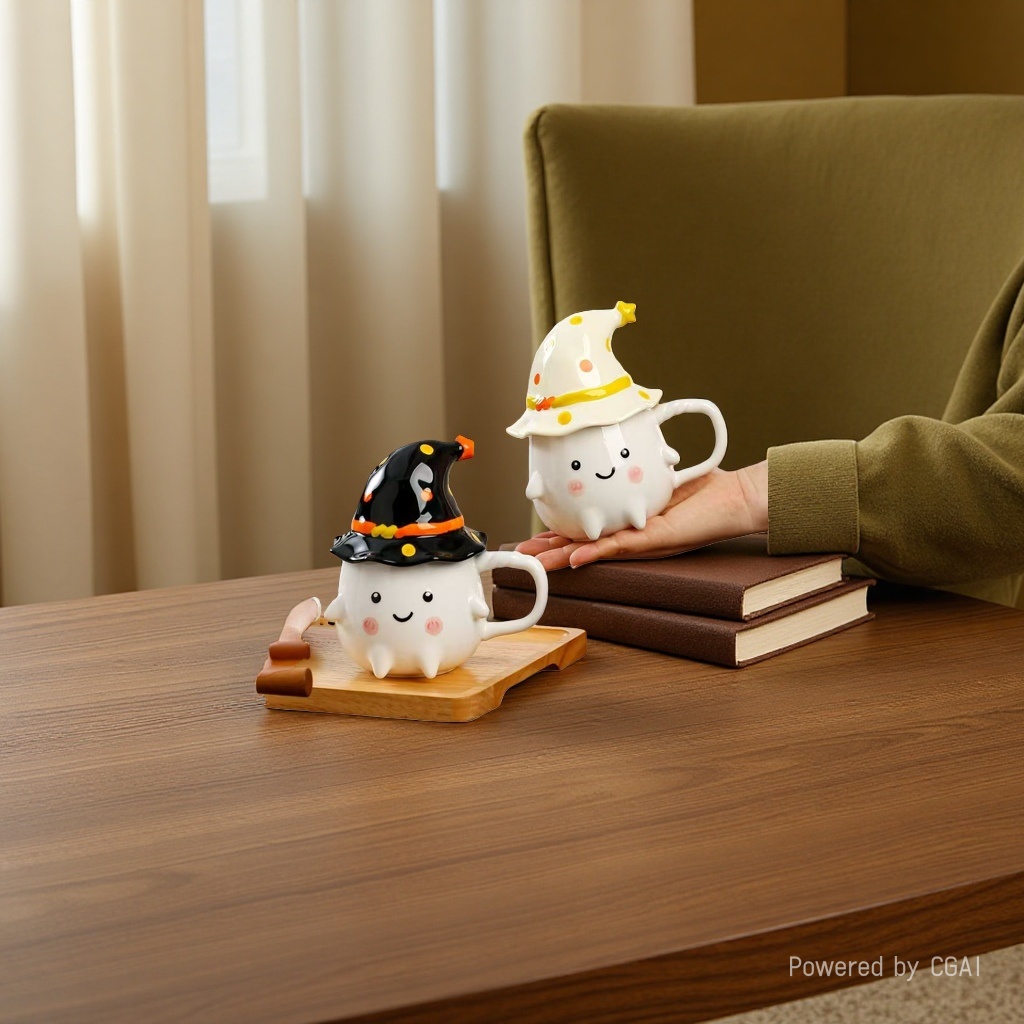 Cute mugs, high appearance level water cups with LIDS, funny ghost ceramic cups for girls, birthday gifts for Halloween Application Scenario