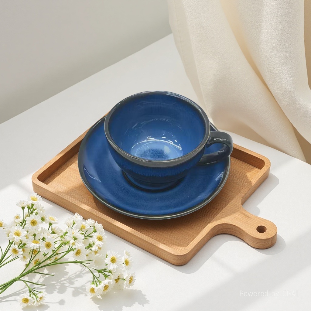 Blue ceramic Turkish teacup with saucer and green tea water cup with leak-proof design details Picture