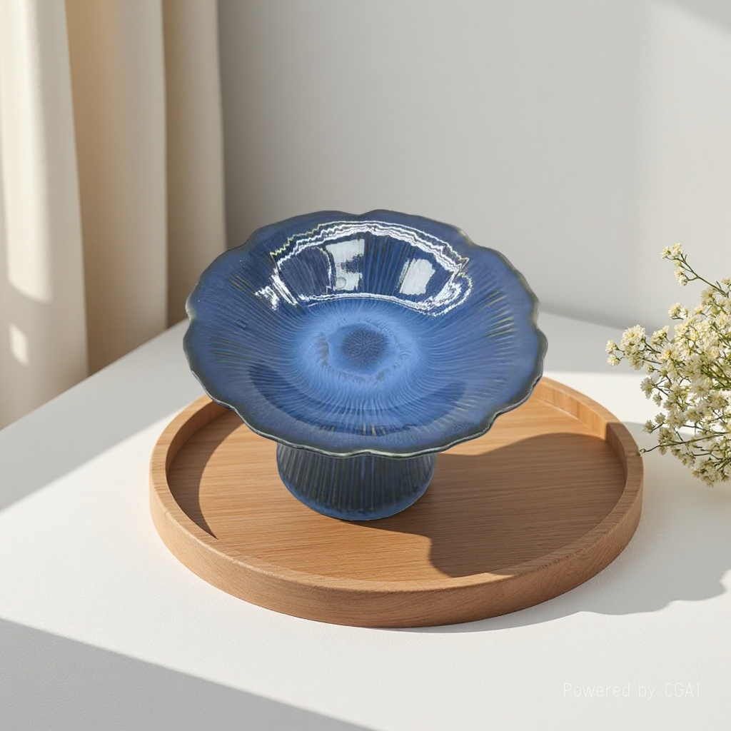 The main body of the blue ceramic high-footed plate is a combination of small celadon tea sets and wine sets details Picture