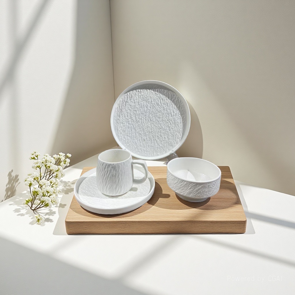 White textured ceramic tableware set including plates, cups, bowls and chopsticks. Ceramic bowl set Item Picture