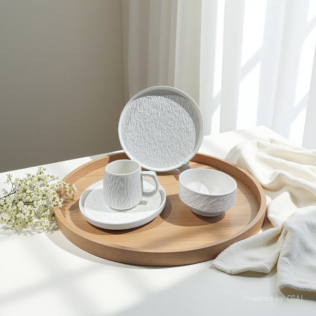 White textured ceramic tableware set including plates, cups, bowls and chopsticks. Ceramic bowl set details Picture