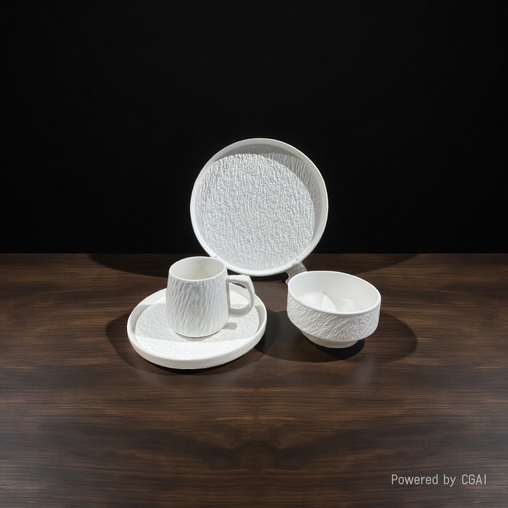 White textured ceramic tableware set including plates, cups, bowls and chopsticks. Ceramic bowl set Specification image