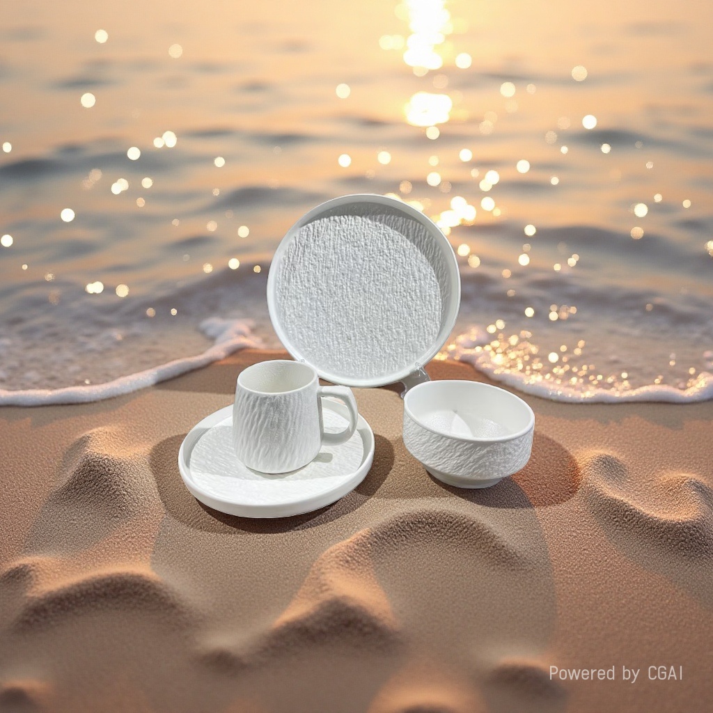 White textured ceramic tableware set including plates, cups, bowls and chopsticks. Ceramic bowl set Application Scenario