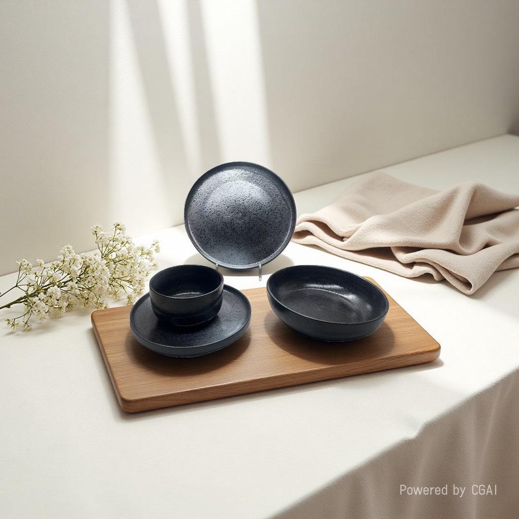 Black ceramic tableware set: Four-piece set of plates, bowls, saucers and chopsticks, underglaze painted ceramic bowls details Picture