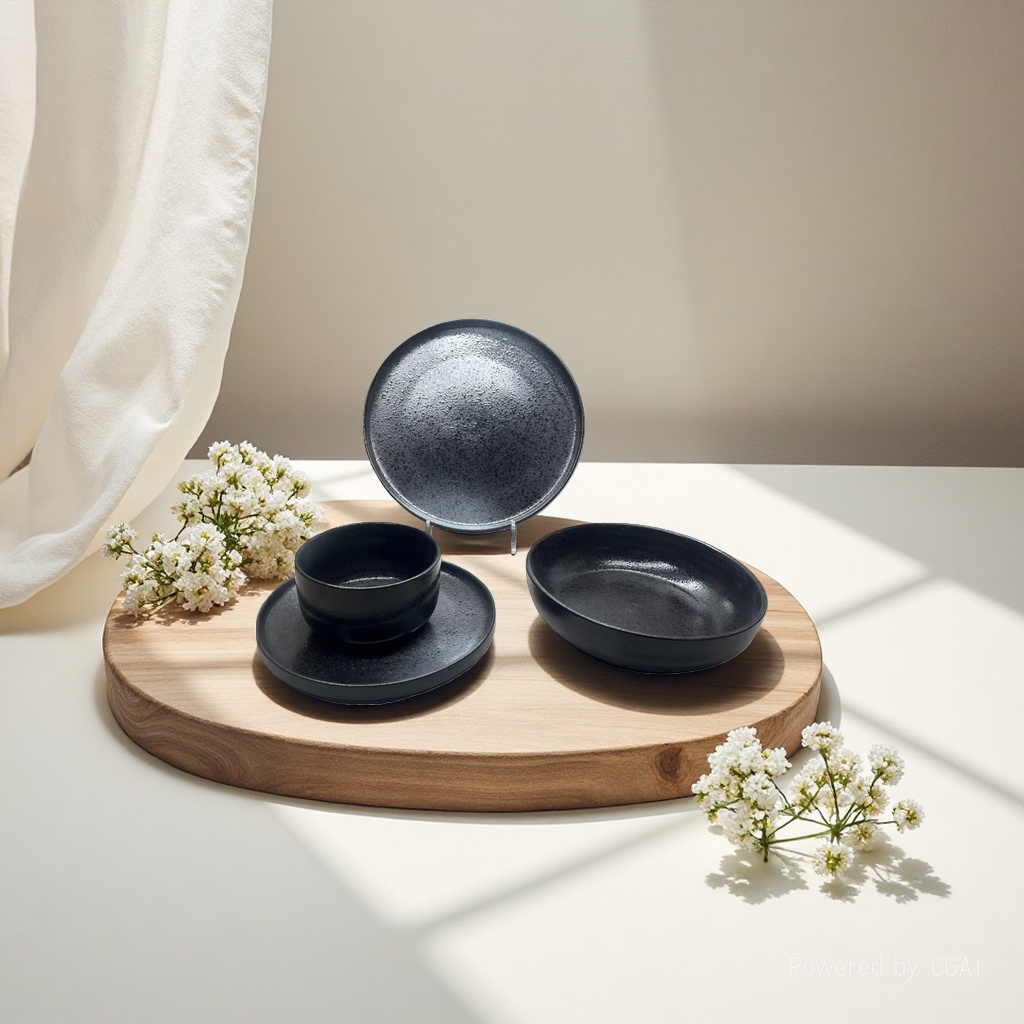 Black ceramic tableware set: Four-piece set of plates, bowls, saucers and chopsticks, underglaze painted ceramic bowls Item Picture