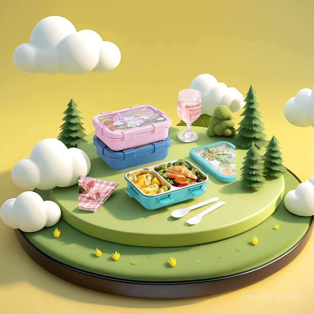 Six-compartment cartoon lunch box, stainless steel lunch box, sealed and insulated, with soup bowl and rice, portable bento lunch box