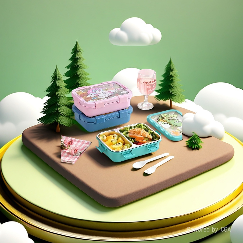 Six-compartment cartoon lunch box, stainless steel lunch box, sealed and insulated, with soup bowl and rice, portable bento lunch box details Picture
