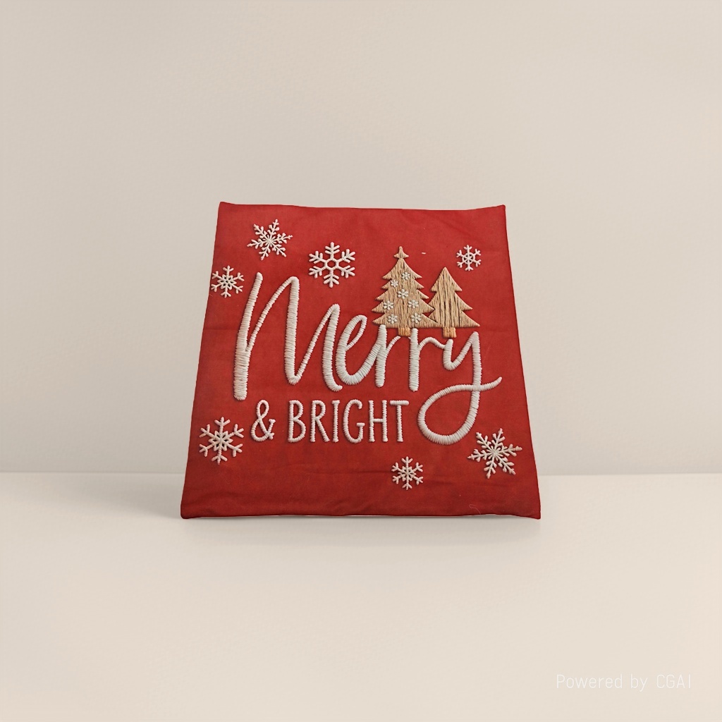 Red Christmas decorative fabric Merry & BRIGHT snowflake Christmas tree pattern Christmas pillowcase details Picture