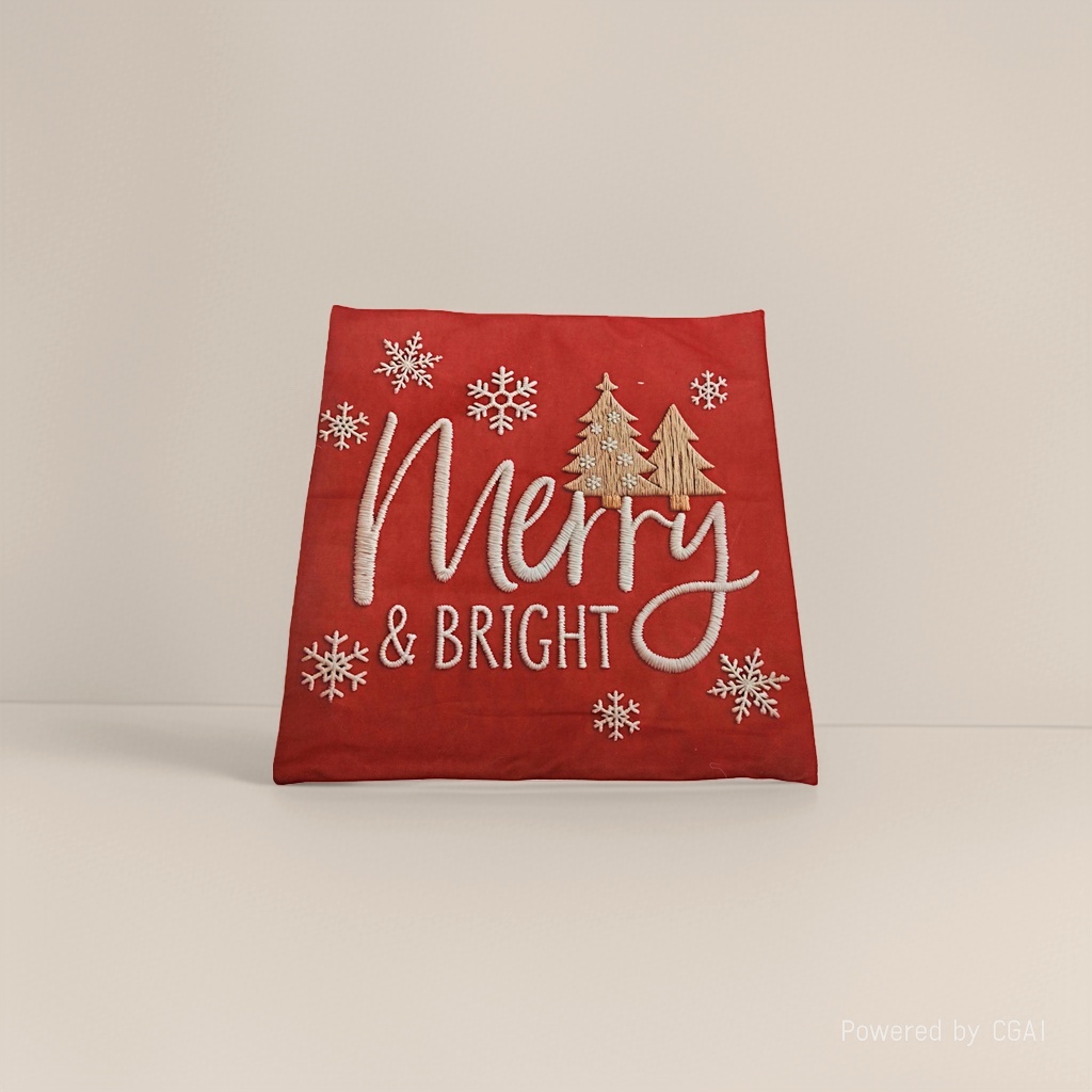 红色圣诞装饰布 Merry & BRIGHT雪花圣诞树图案圣诞抱枕套