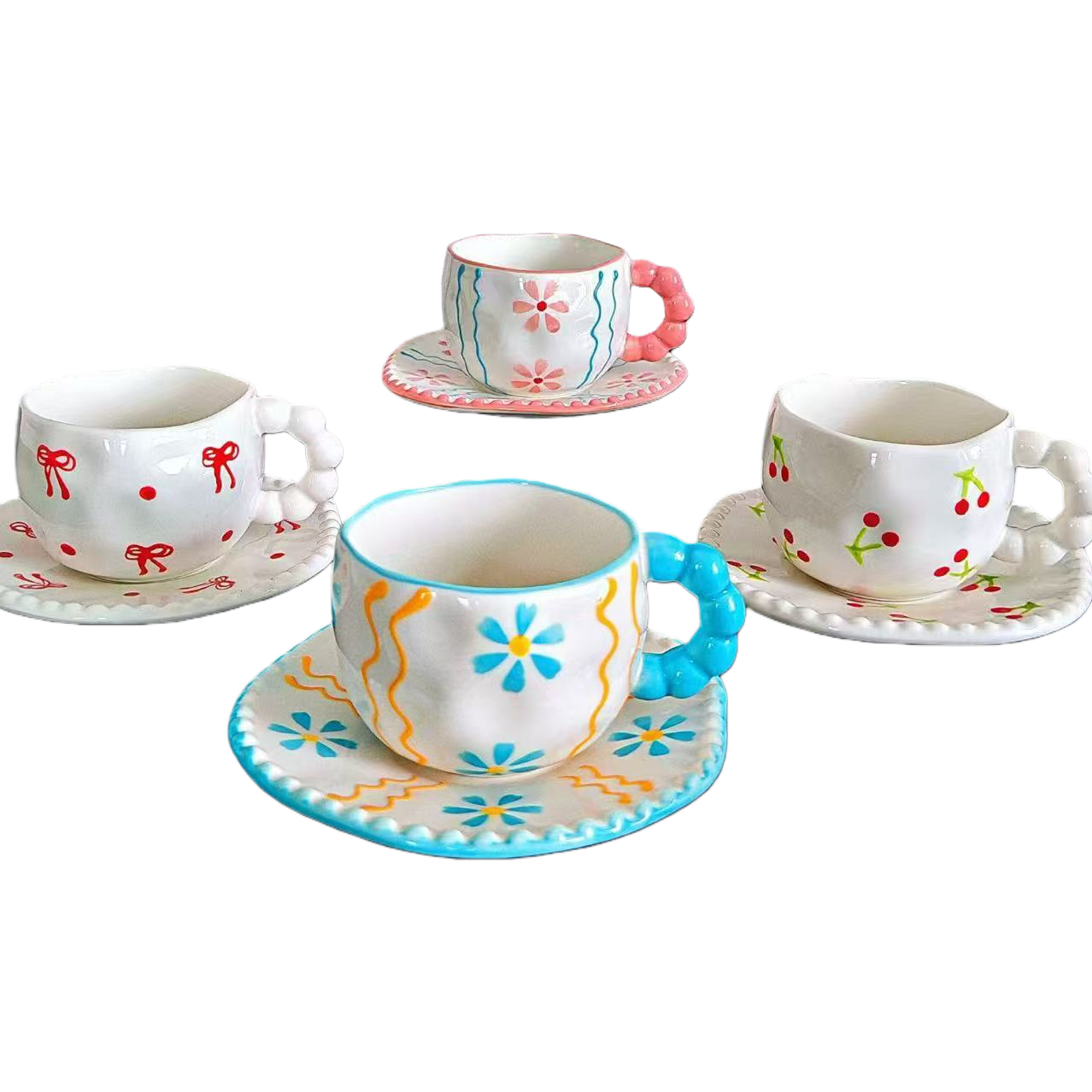 Handcrafted ins-style ceramic mugs, breakfast cup and plate sets, underglaze color girls' afternoon tea, high appearance level coffee cups Item Picture