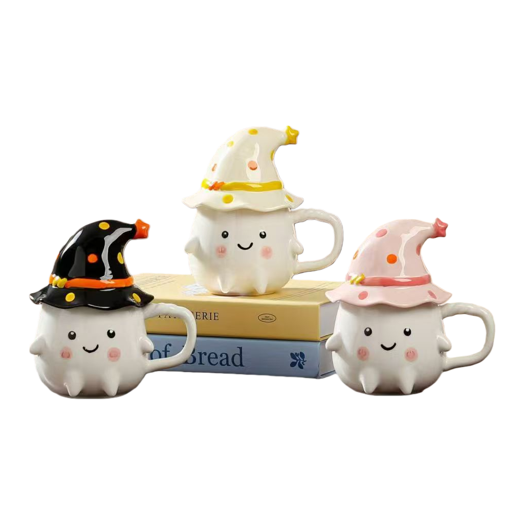 Cute mugs, high appearance level water cups with LIDS, funny ghost ceramic cups for girls, birthday gifts for Halloween Item Picture