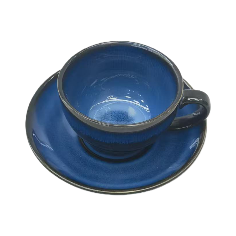 Blue ceramic Turkish teacup with saucer and green tea water cup with leak-proof design
