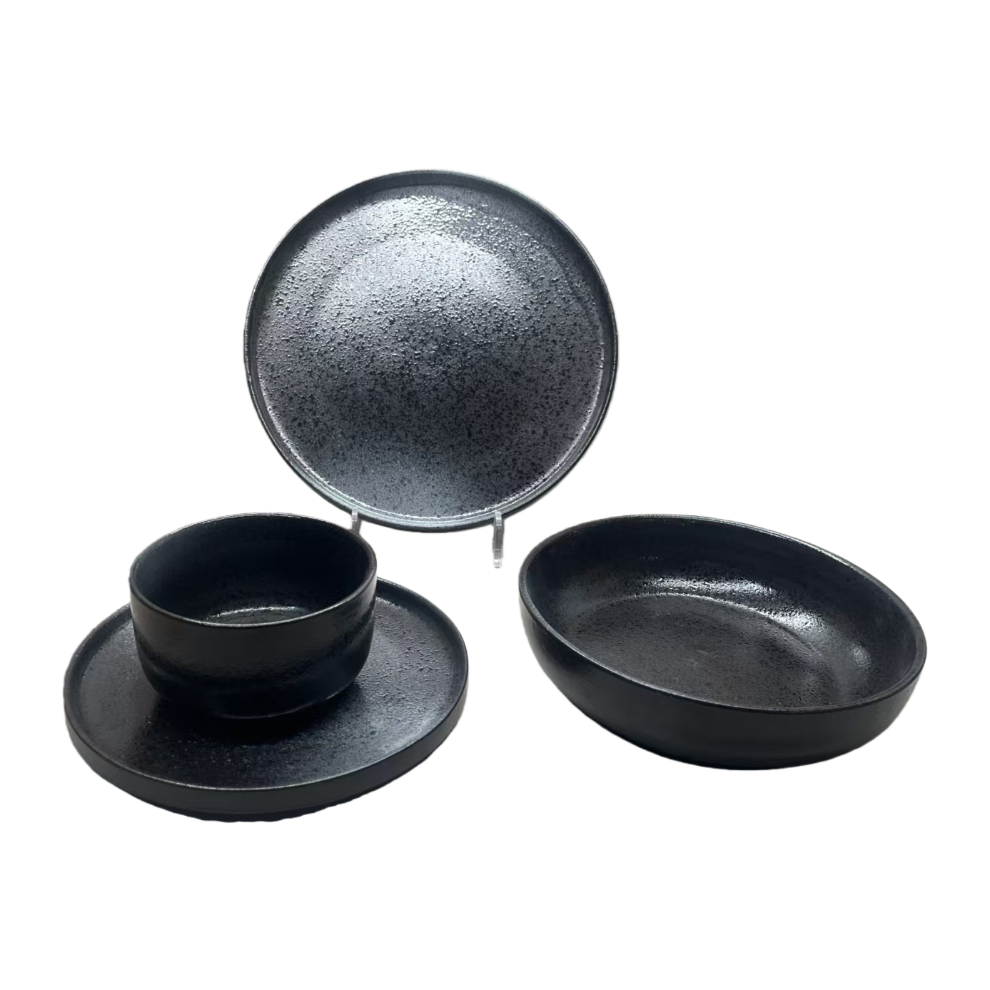 Black ceramic tableware set: Four-piece set of plates, bowls, saucers and chopsticks, underglaze painted ceramic bowls