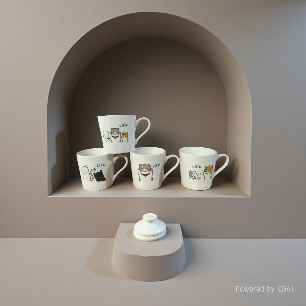 Cartoon mug with lid, spoon, catfish shape, home milk, coffee, juice, breakfast, drinking water, couple ceramic cups details Picture