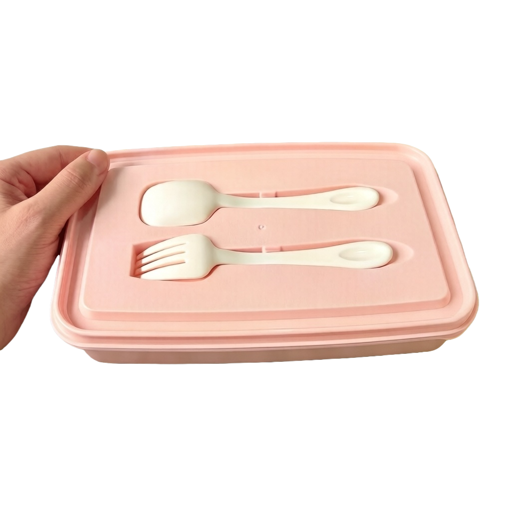 Pink bento box set with lid, tableware and plastic food storage container Application Scenario